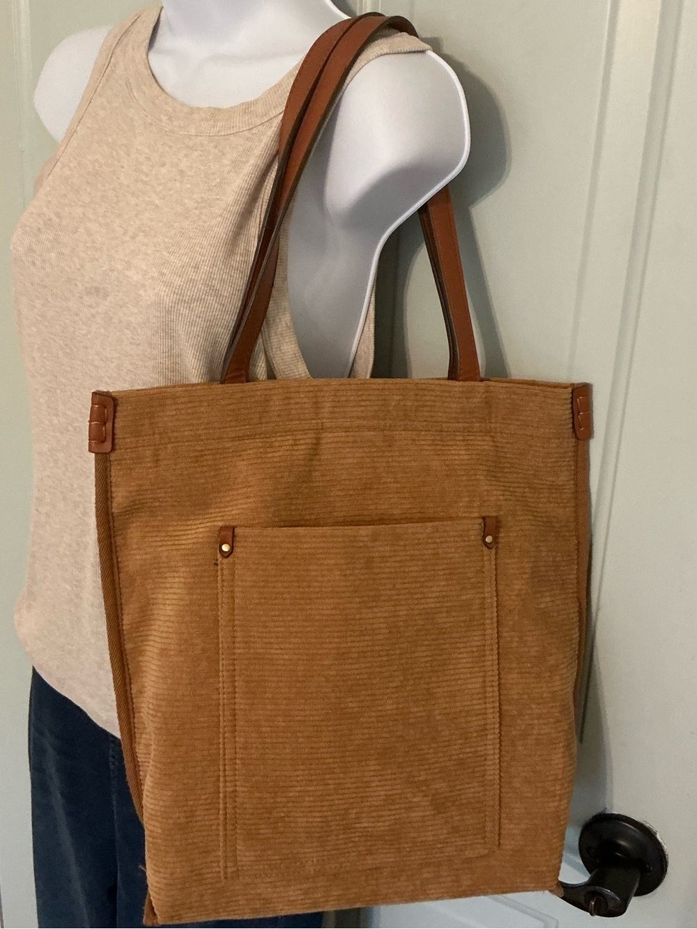Corduroy Tote Bag with Front Pocket - Tan